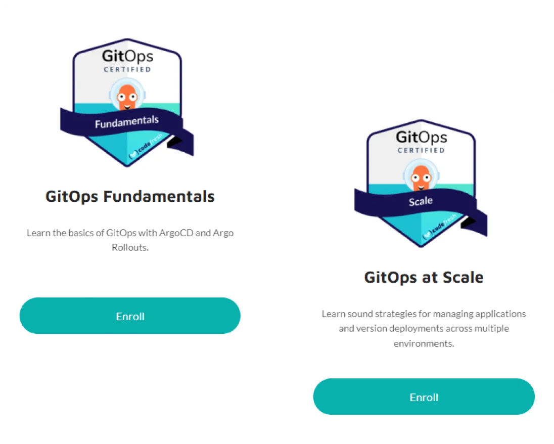 Two certification cards display GitOps badges, course titles, short descriptions, and teal "Enroll" buttons side-by-side on a white, rounded-corner...