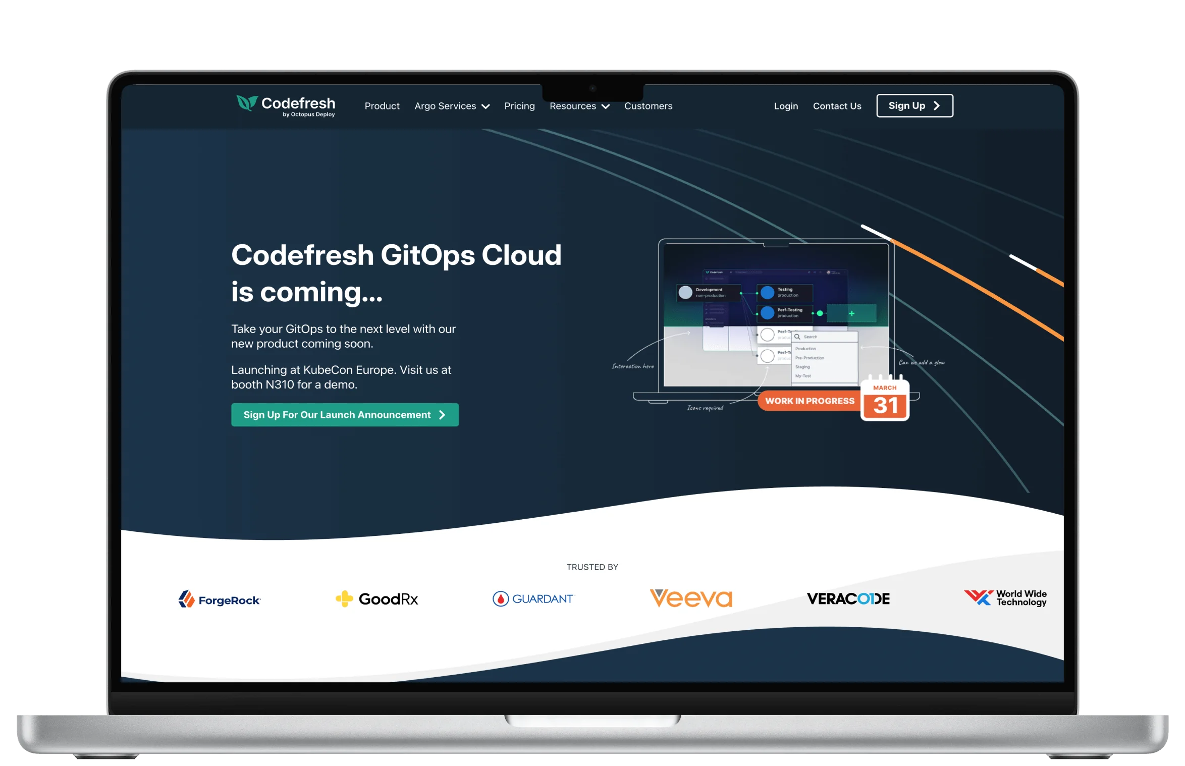 Laptop screen showing a Codefresh landing page announcing a GitOps Cloud launch, prompting sign-ups, featuring a mockup laptop graphic with a "Work...