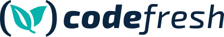 Stylized logo showing a teal two-leaf icon enclosed by two curved dark-blue parentheses to the left of the word 'codefresh' in dark-blue lowercase...