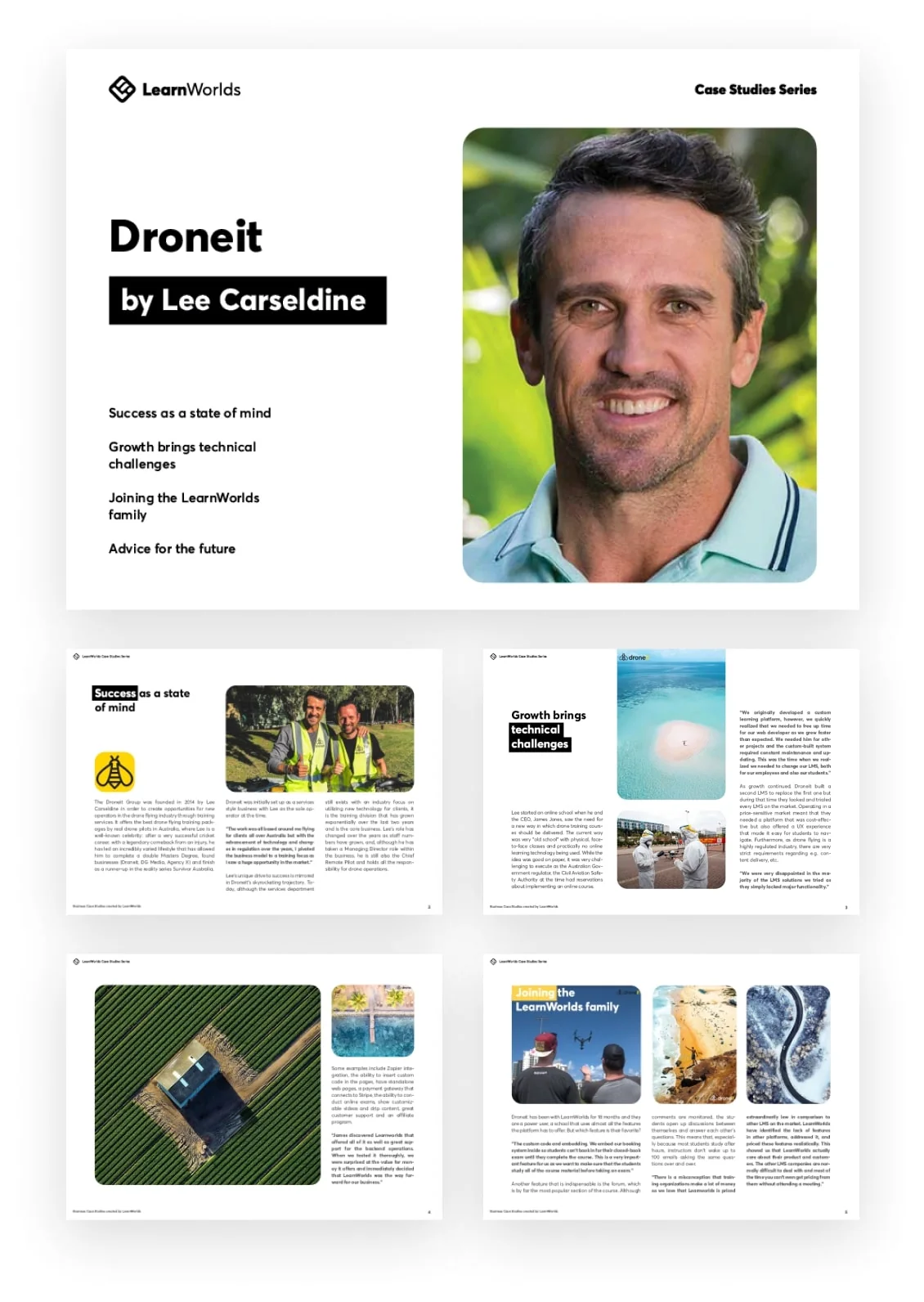 Portrait of a smiling man shown on a case-study cover; title and section headings appear beside and below his photo on a clean, multi-page layout.