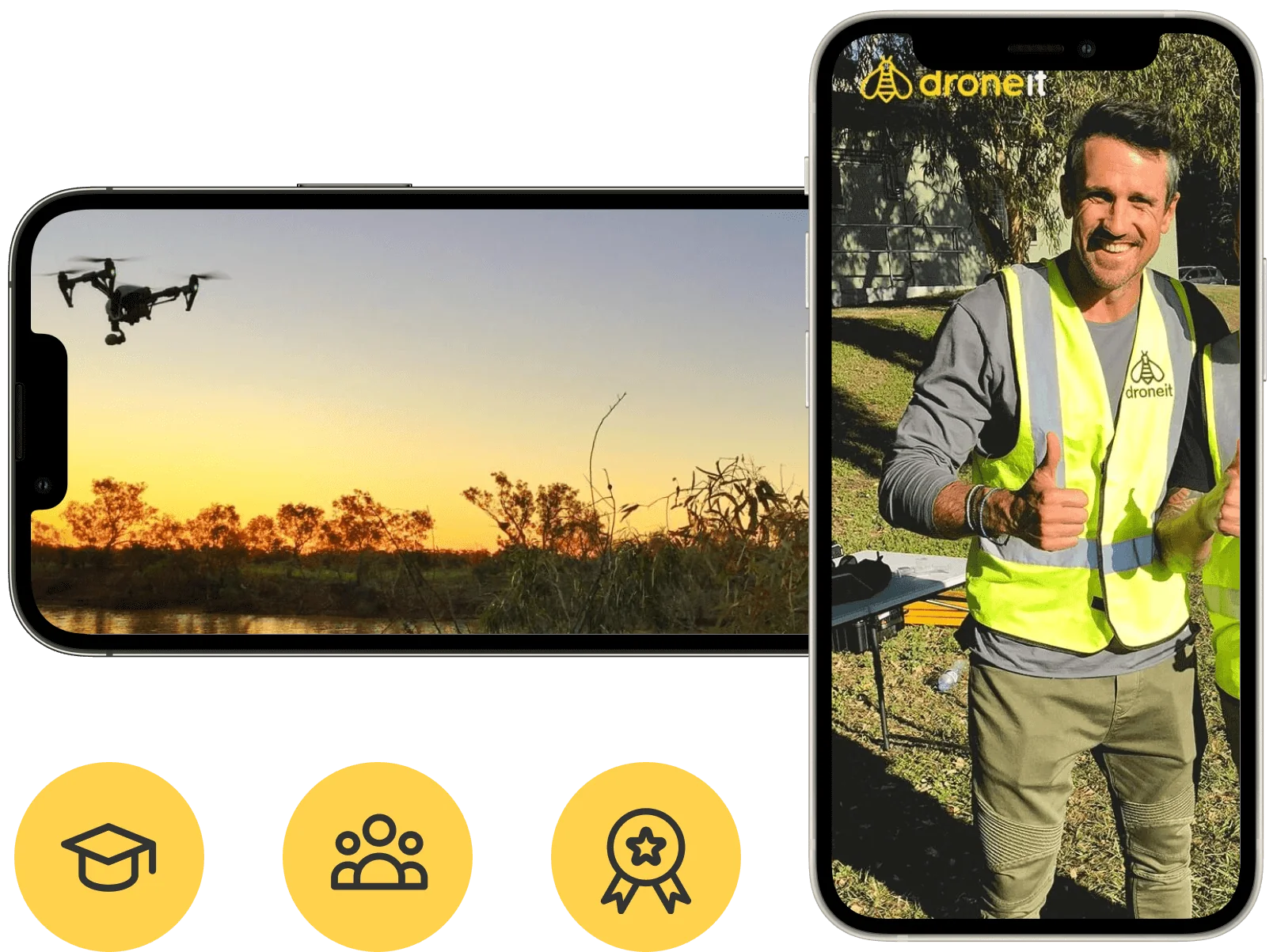 Drone flies at sunset over a riverside with trees; a smiling worker in a high-visibility "droneit" vest gives two thumbs-up beside equipment on...