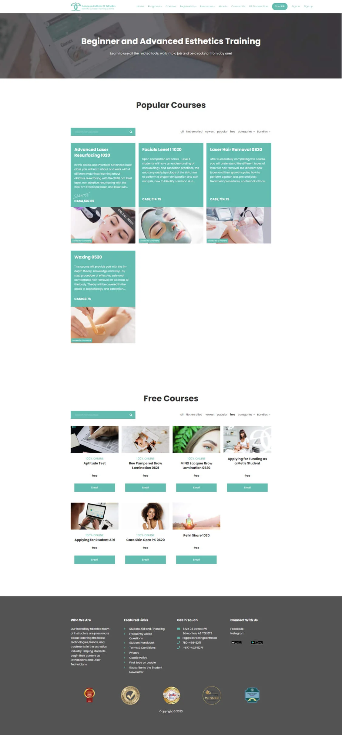 Webpage lists esthetics courses (paid and free) as cards with titles, descriptions, prices and enroll options, arranged under a banner promoting...