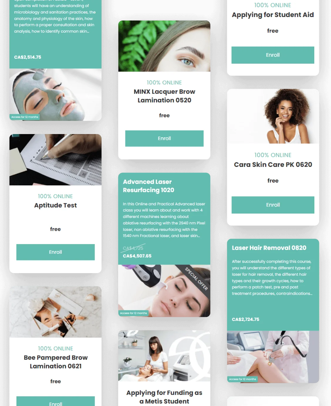 A vertical grid of cosmetic course cards shows thumbnail photos, course titles and descriptions, prices, "Enroll" buttons and access tags, arranged...