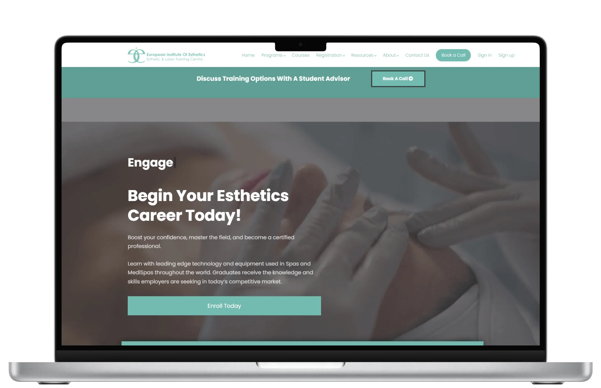 A laptop screen displays a website promoting esthetics training, showing gloved hands performing a facial treatment in the hero image.