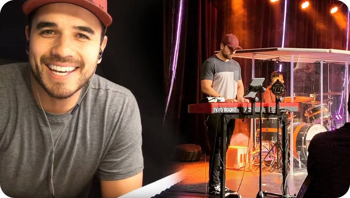 Smiling man (close-up) wearing earphones and a cap; another man plays a red keyboard labeled "nord stage2" while a drummer sits behind a clear shield...