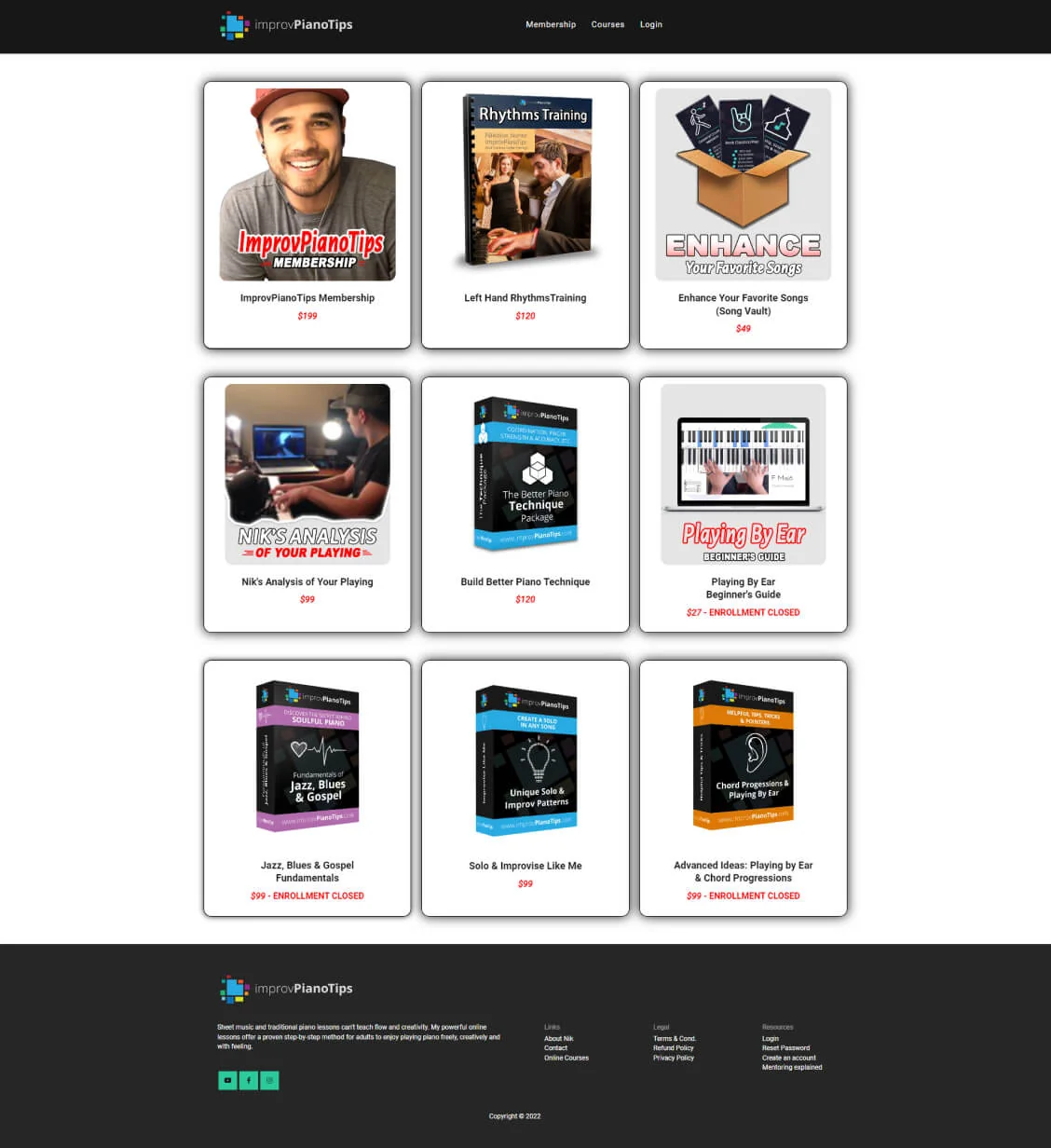 Grid of nine product cards showing piano course covers and prices arranged in three columns on a clean website homepage.