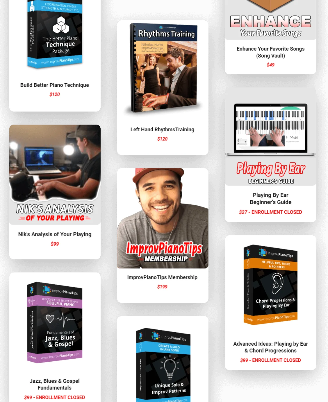 A vertical grid of piano-course product cards showing thumbnails, titles, and prices against a dark background.
