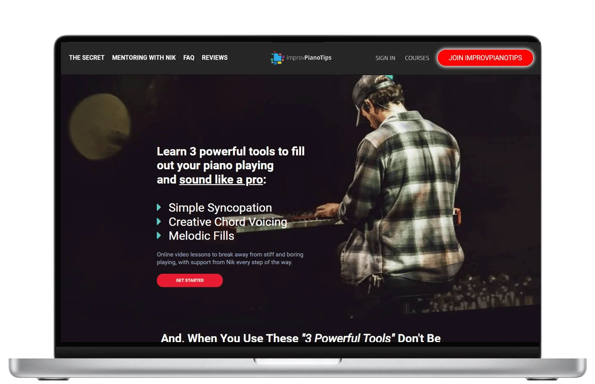 Laptop displaying a webpage: a seated musician plays a keyboard at right while promotional headline, bullet points and navigation appear on a dark...