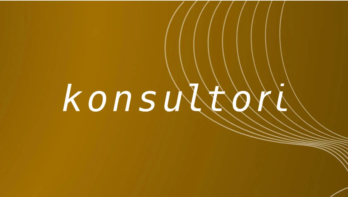 konsultori — white italicized word centered, displayed across a warm brown-gold gradient; thin white curved parallel lines stream from the right edge...