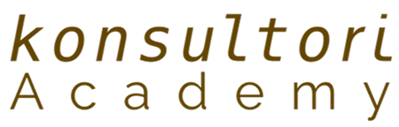 Object: Wordmark reading "konsultori Academy". Action: "konsultori" in italic lowercase on the top line; "Academy" in spaced titlecase on the second...