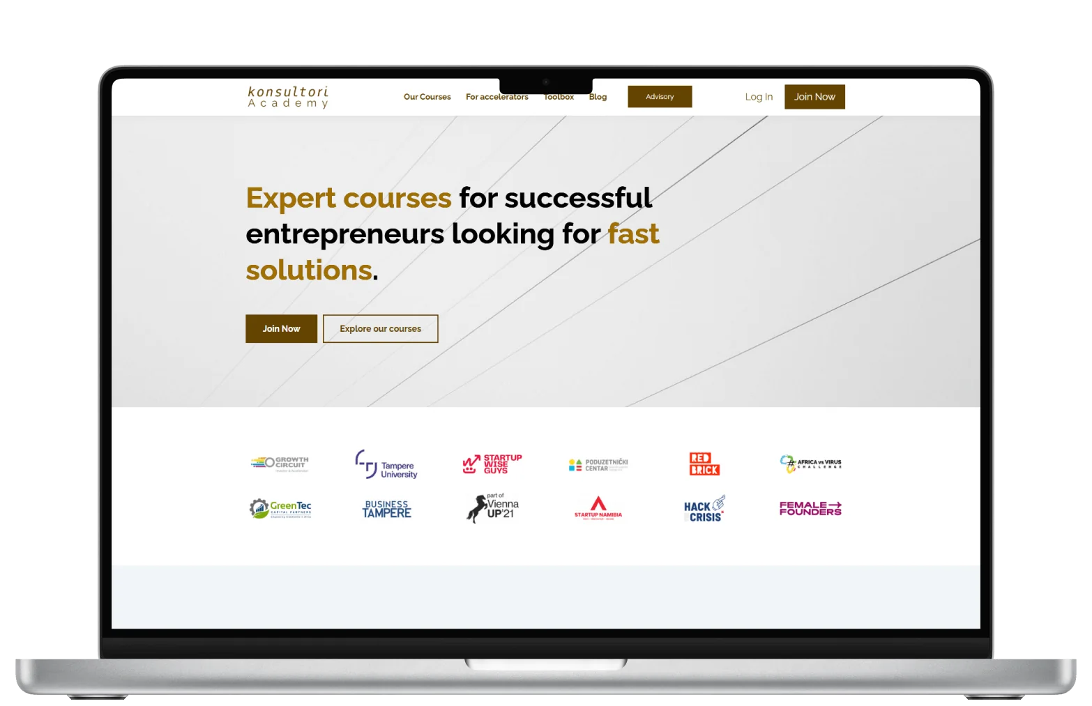 Laptop screen showing a course website: headline promotes expert courses for entrepreneurs, with navigation, call-to-action buttons, and partner...