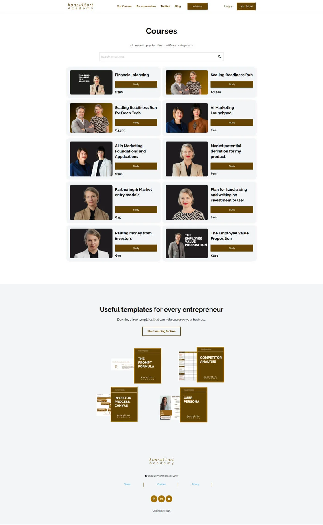 Courses page displays a grid of course cards with titles, "Study" buttons and prices, followed by a templates section offering free downloadable...