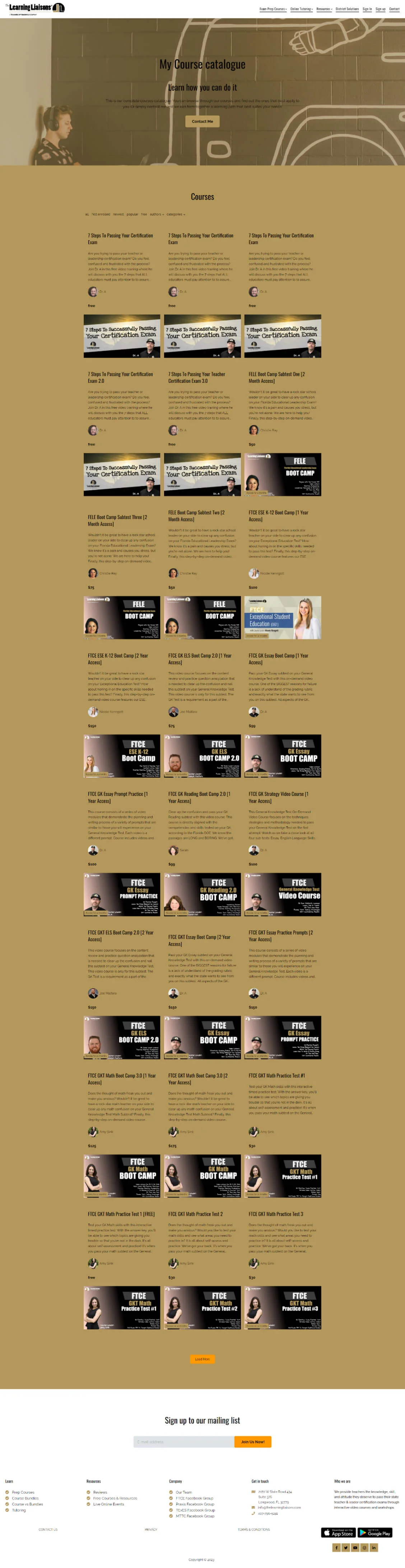A webpage shows a course catalogue: a seated person listens against a mural while rows of course cards display titles, brief descriptions, prices,...