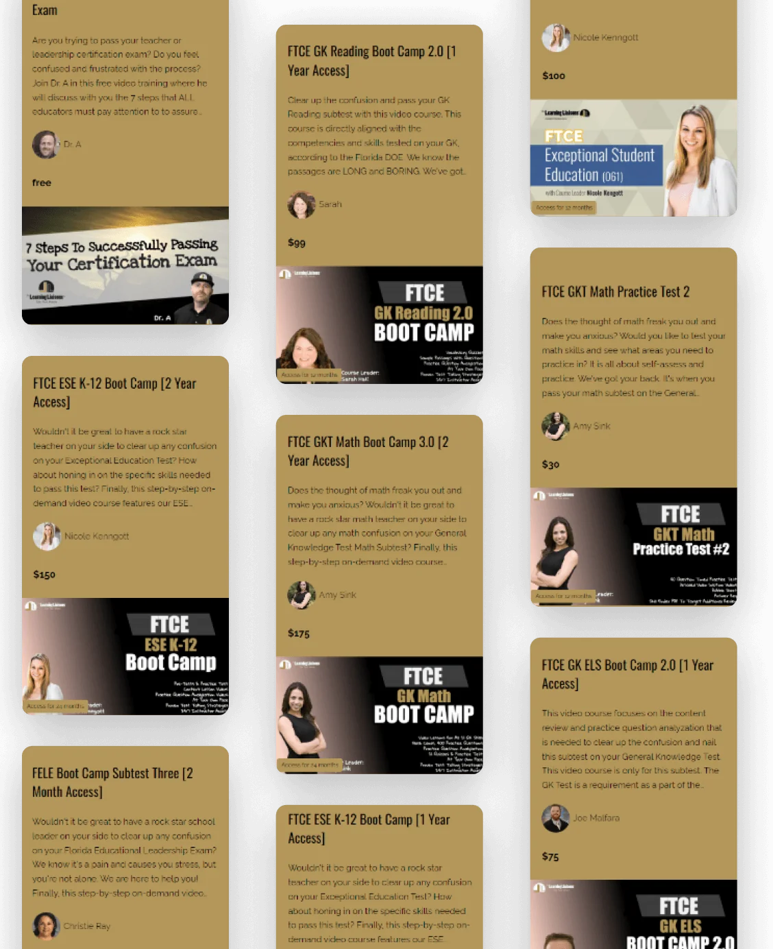 Multiple brown-and-black course cards advertise FTCE/FELE boot camps and practice tests; each card lists a course title, brief description,...