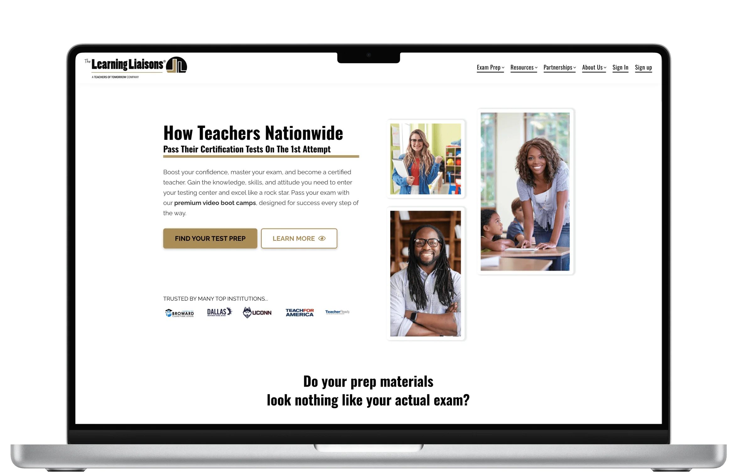 Website homepage promoting teacher certification prep on a laptop screen.