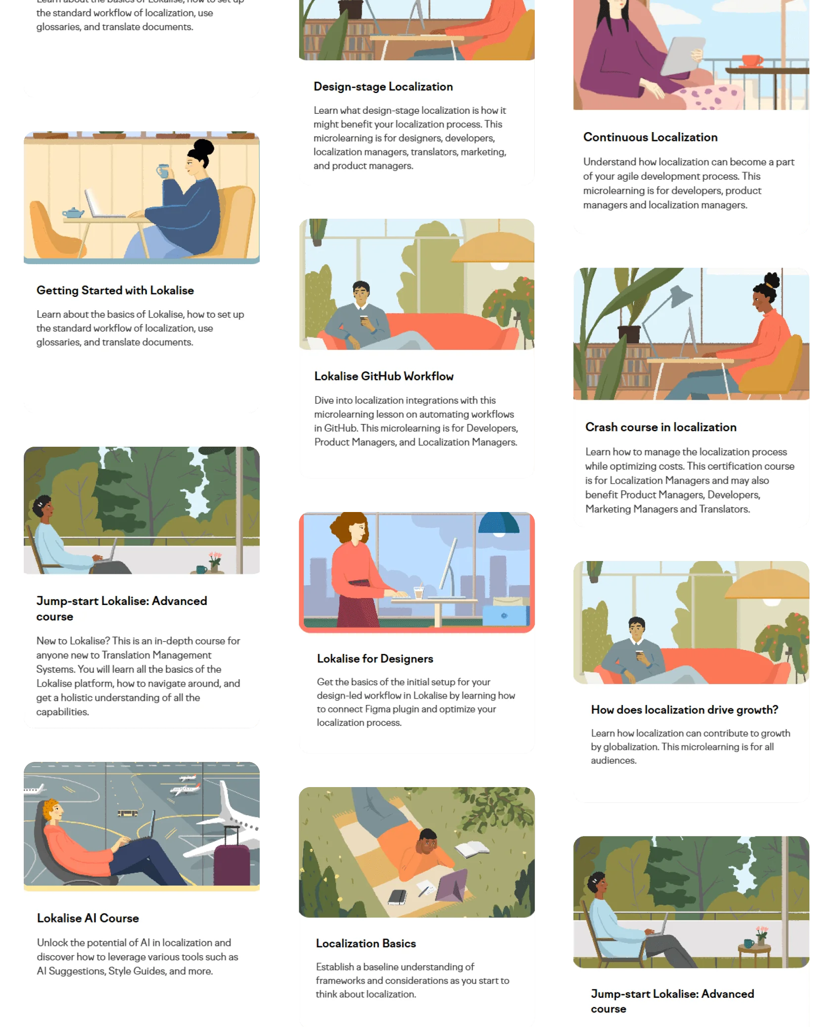 A grid of illustrated course cards showing people using laptops and devices; each card displays a course title and summary, arranged in three...