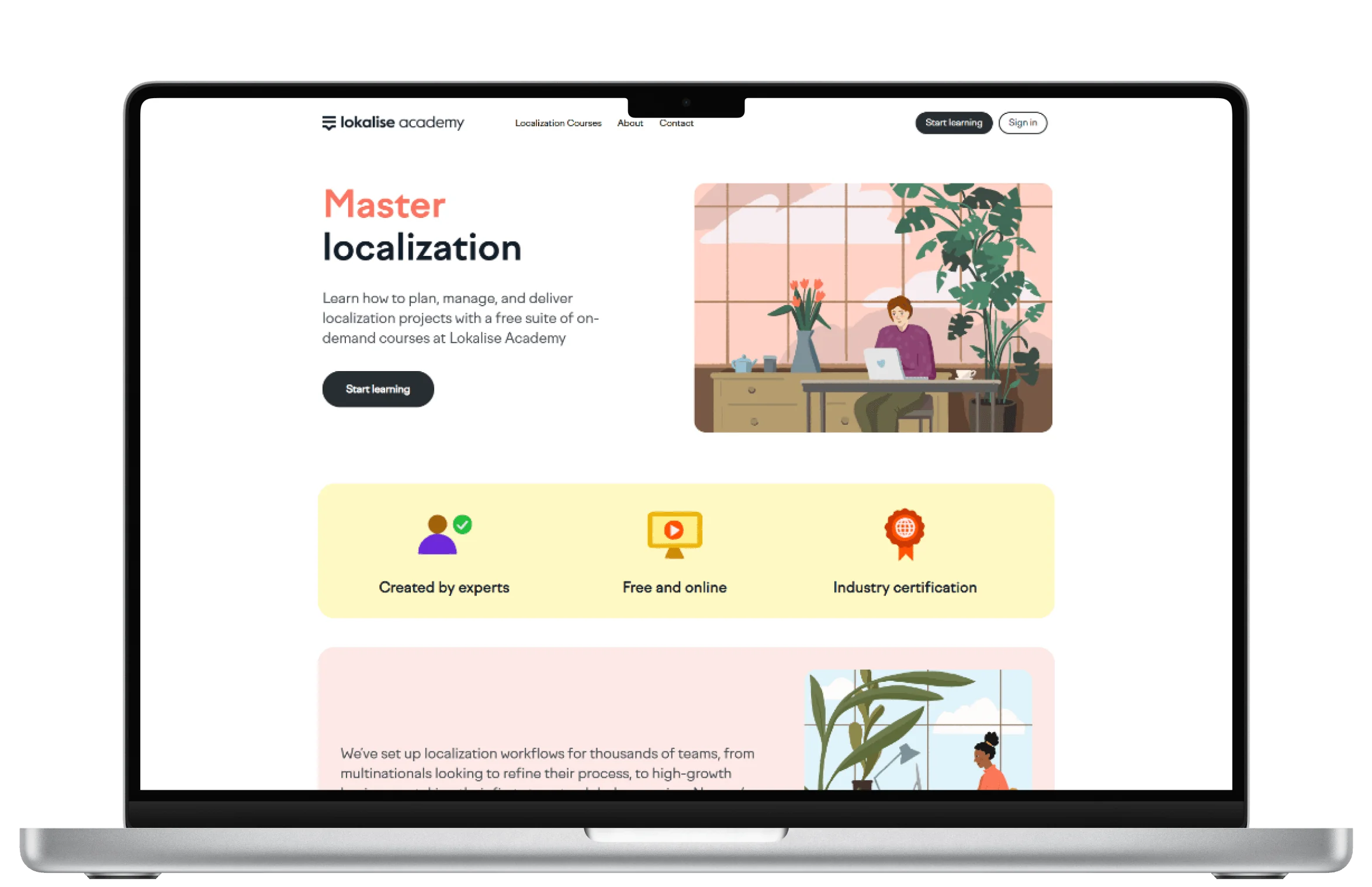 Laptop screen showing a course website: a headline and illustrated person working at a desk, with descriptive feature panels and prominent...