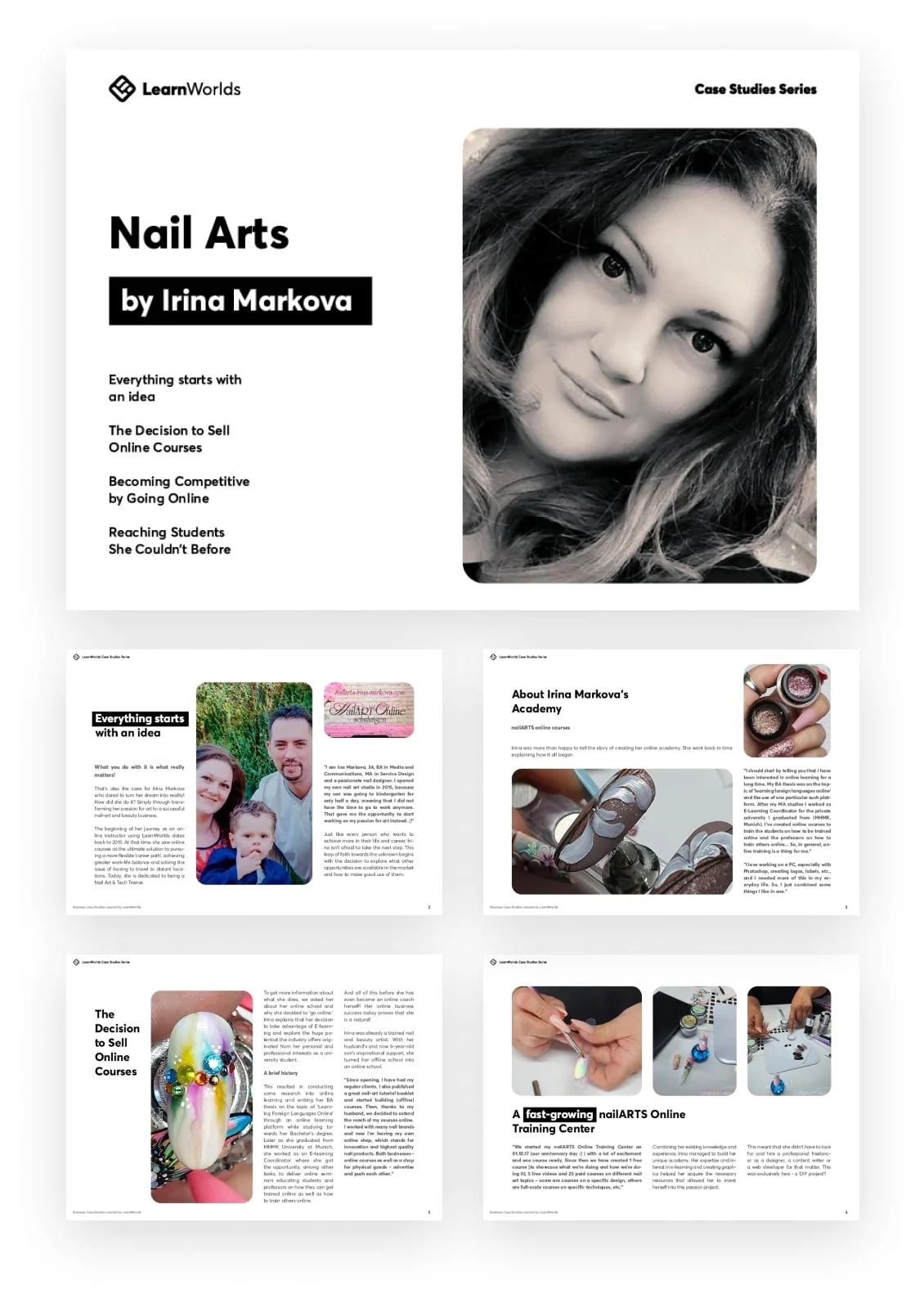 Portrait: close-up headshot of a woman looking at the camera, placed to the right of a clean, white multi-page case-study layout about nail art with...