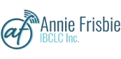 Circular teal emblem containing stylized "af"; to its right, text reads "Annie Frisbie" with smaller "IBCLC Inc." beneath, set on a white background.