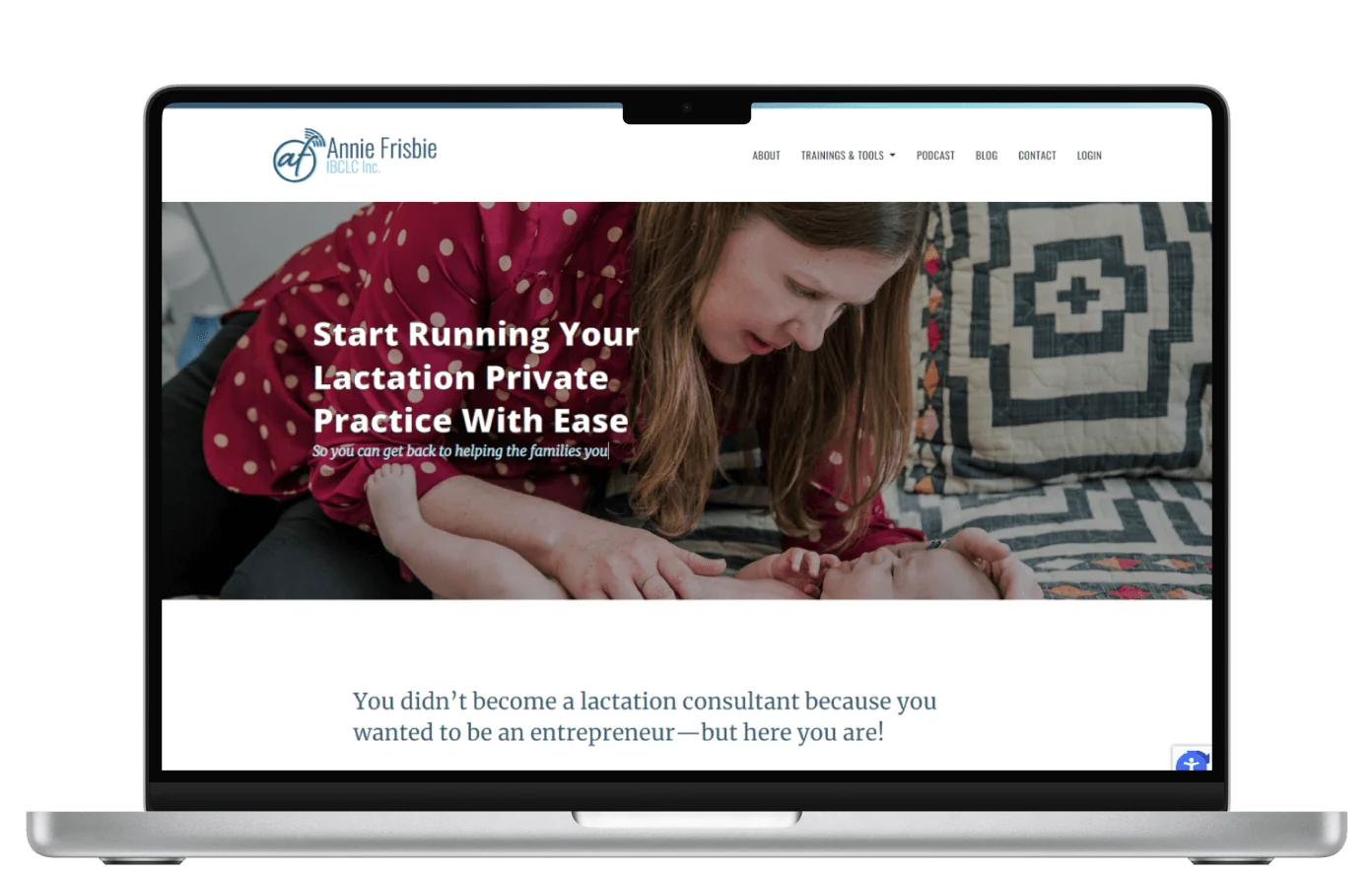 Laptop displaying a website homepage: a woman leaning over an infant on a patterned quilt, headline promoting starting a lactation private practice.