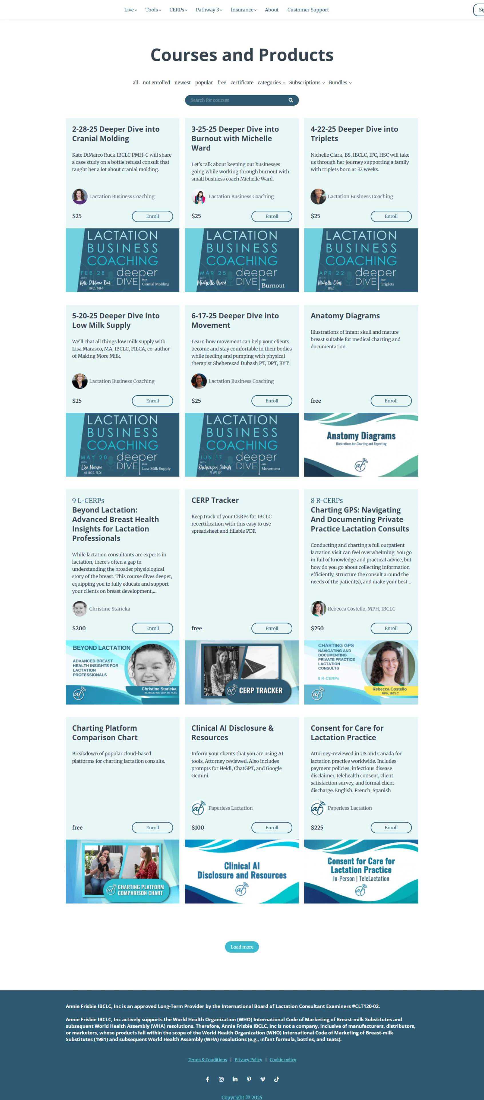 Webpage listing courses and products — shows tiled course cards (objects) displaying course titles, short descriptions, prices, and "Enroll" buttons...