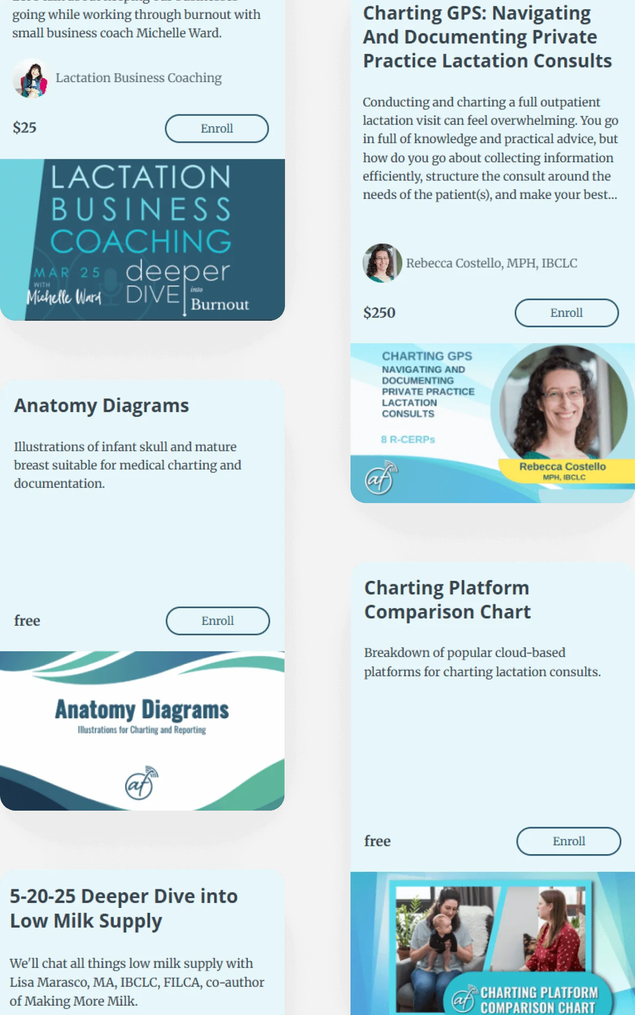 A staggered column of rounded course cards displaying lactation training titles, brief summaries, prices and "Enroll" buttons; cards include...