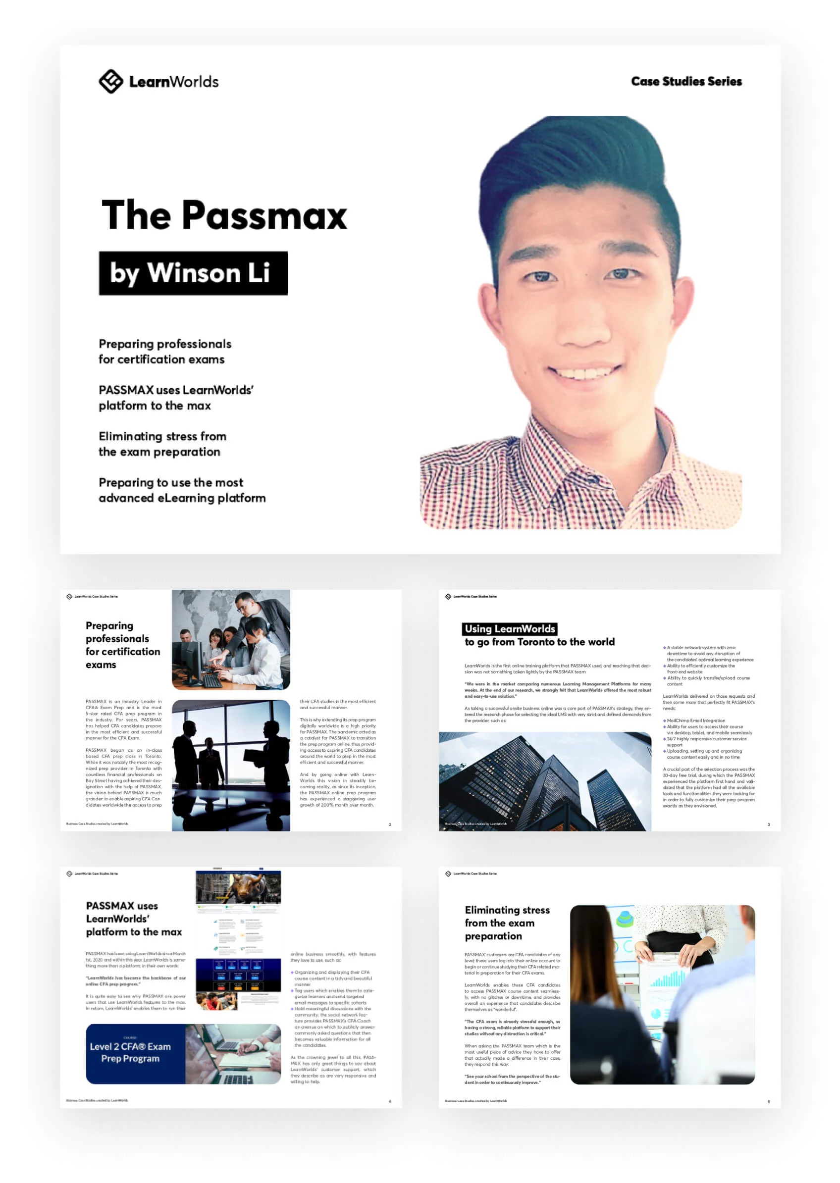 Brochure-style case study: a large headshot of a smiling young man beside the title and bullet points, with four smaller interior page thumbnails...