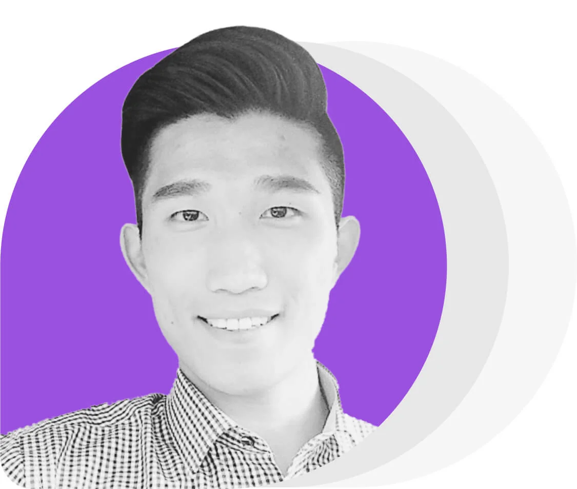Young man smiles at camera, wearing a checkered button-up shirt; cropped black-and-white headshot set against a purple circular backdrop with two...