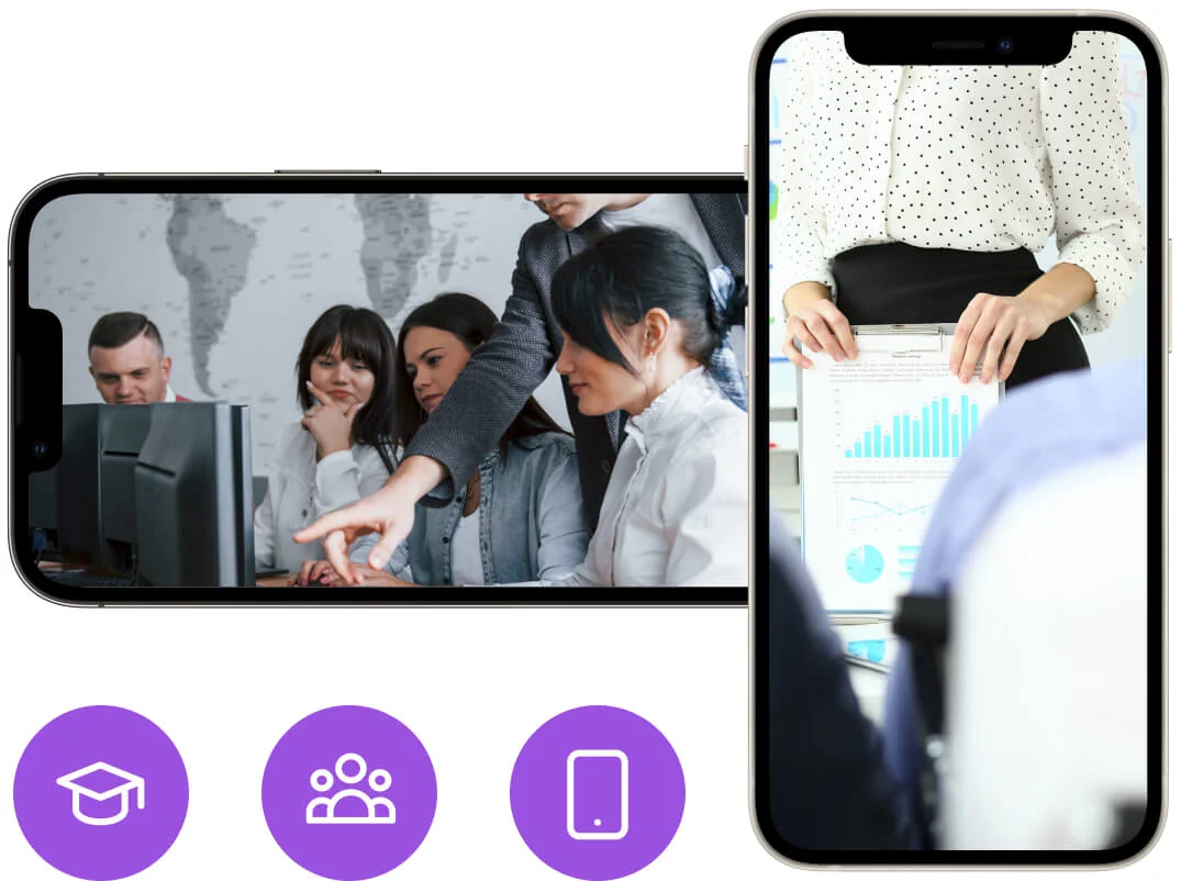 Two smartphone screens: one landscape shows colleagues at a computer with a man pointing at the monitor; the other portrait shows a woman holding...