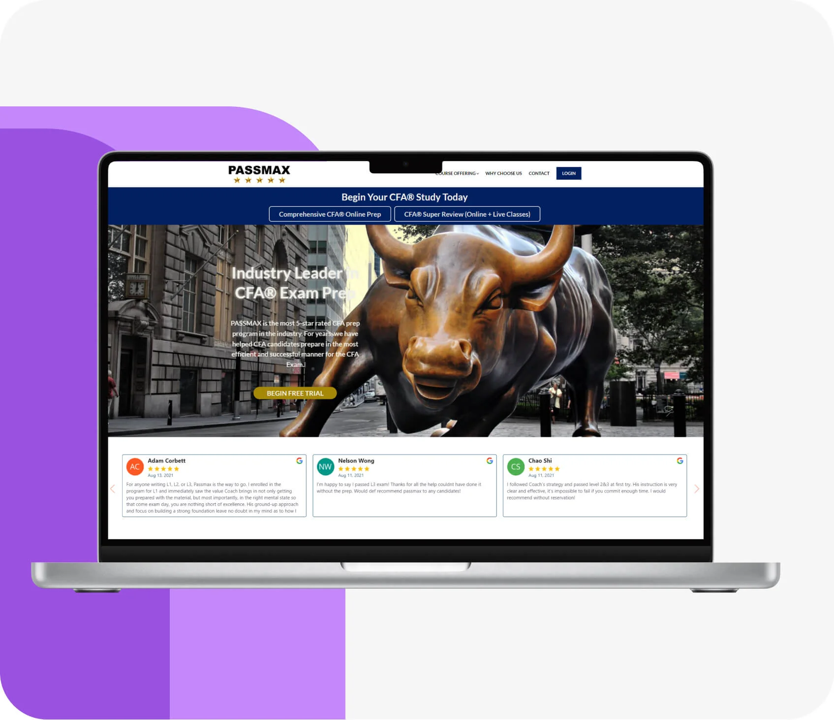 Laptop screen shows PASSMAX website featuring a charging bronze bull statue, promoting CFA® exam prep with call-to-action buttons and three customer...
