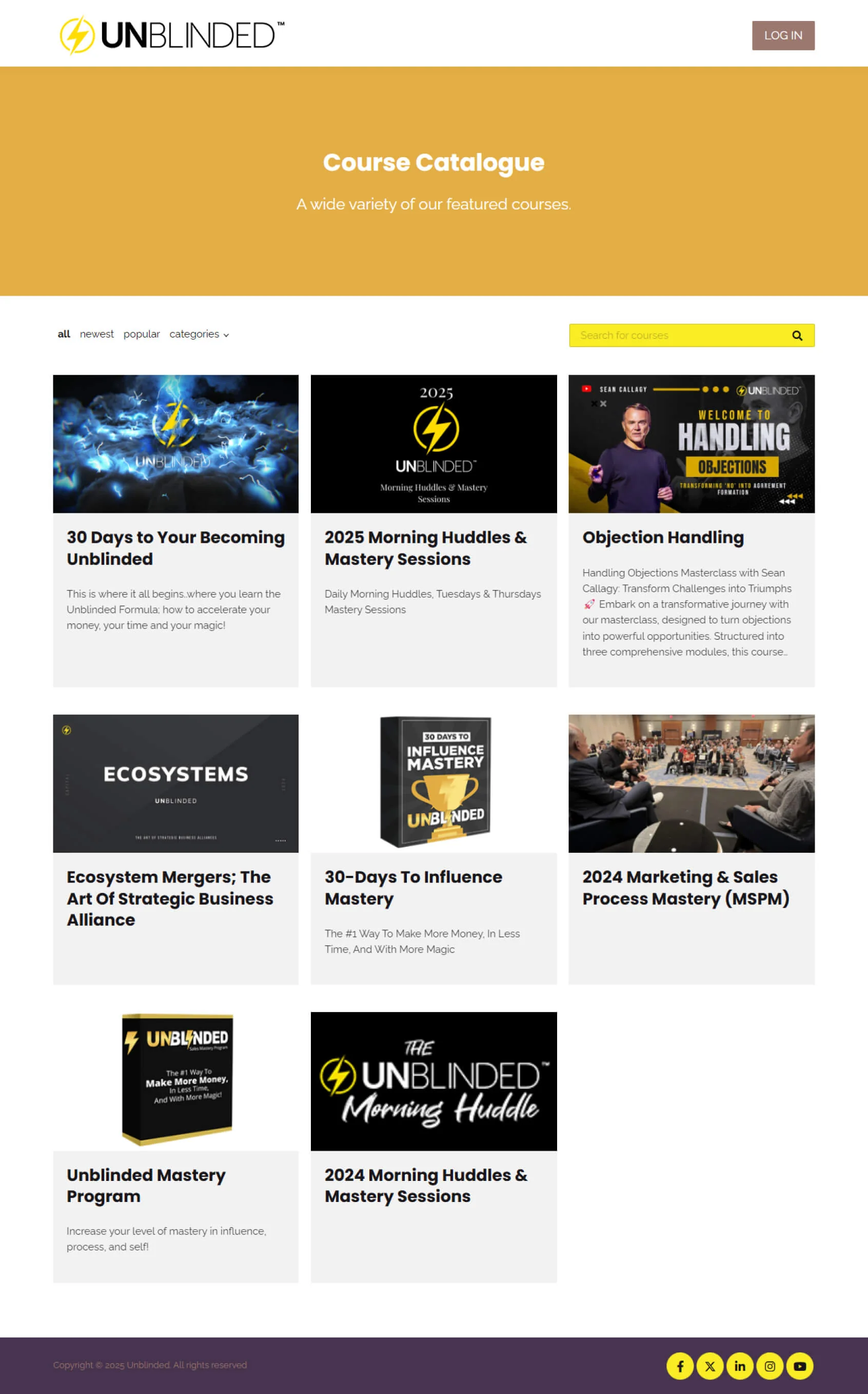 Website course-catalogue page — shows a grid of course tiles with thumbnails, titles and short descriptions beneath a gold header and a right-aligned...