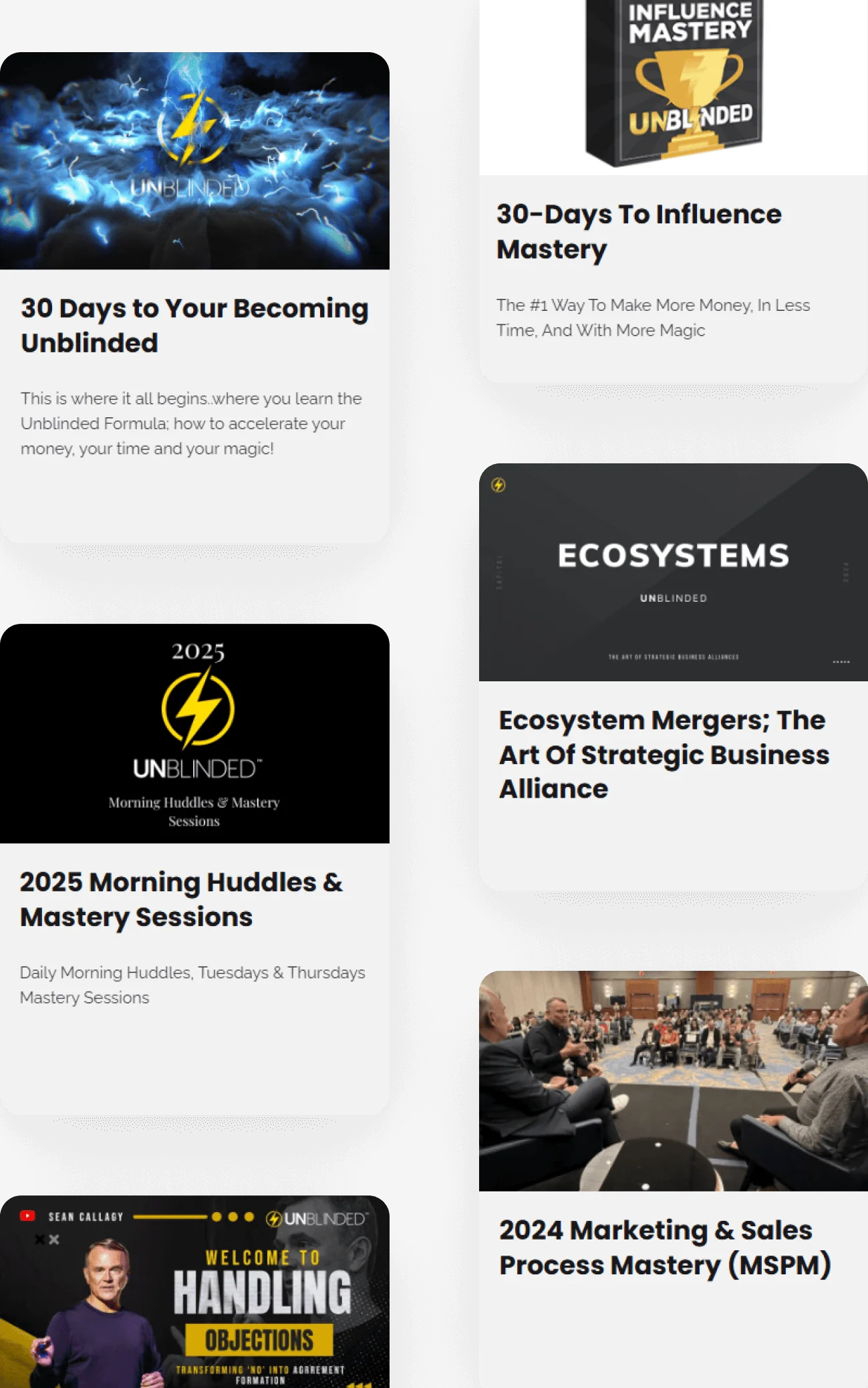 Rectangular course cards displayed in two columns; they present logos and titles for programs, with brief descriptions and a photo on a dark textured...