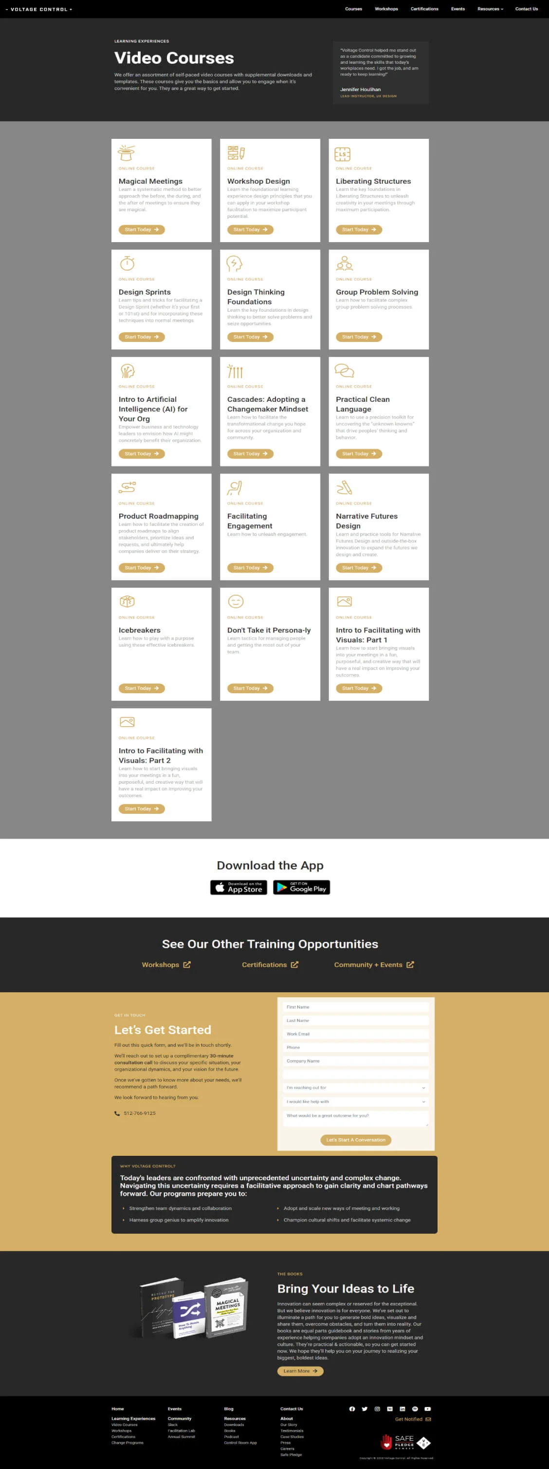 Grid of video course cards listing online course titles and brief descriptions on a website, with a header, testimonial, app download badges, contact...