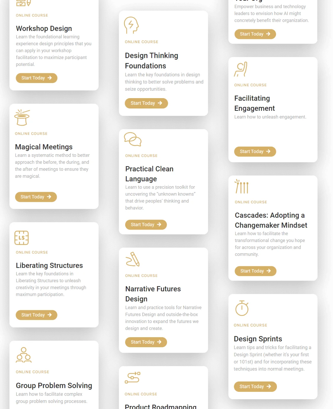 Stacked course cards show titles and summaries on rounded white panels against a dark background, each with a gold "Start Today →" button.