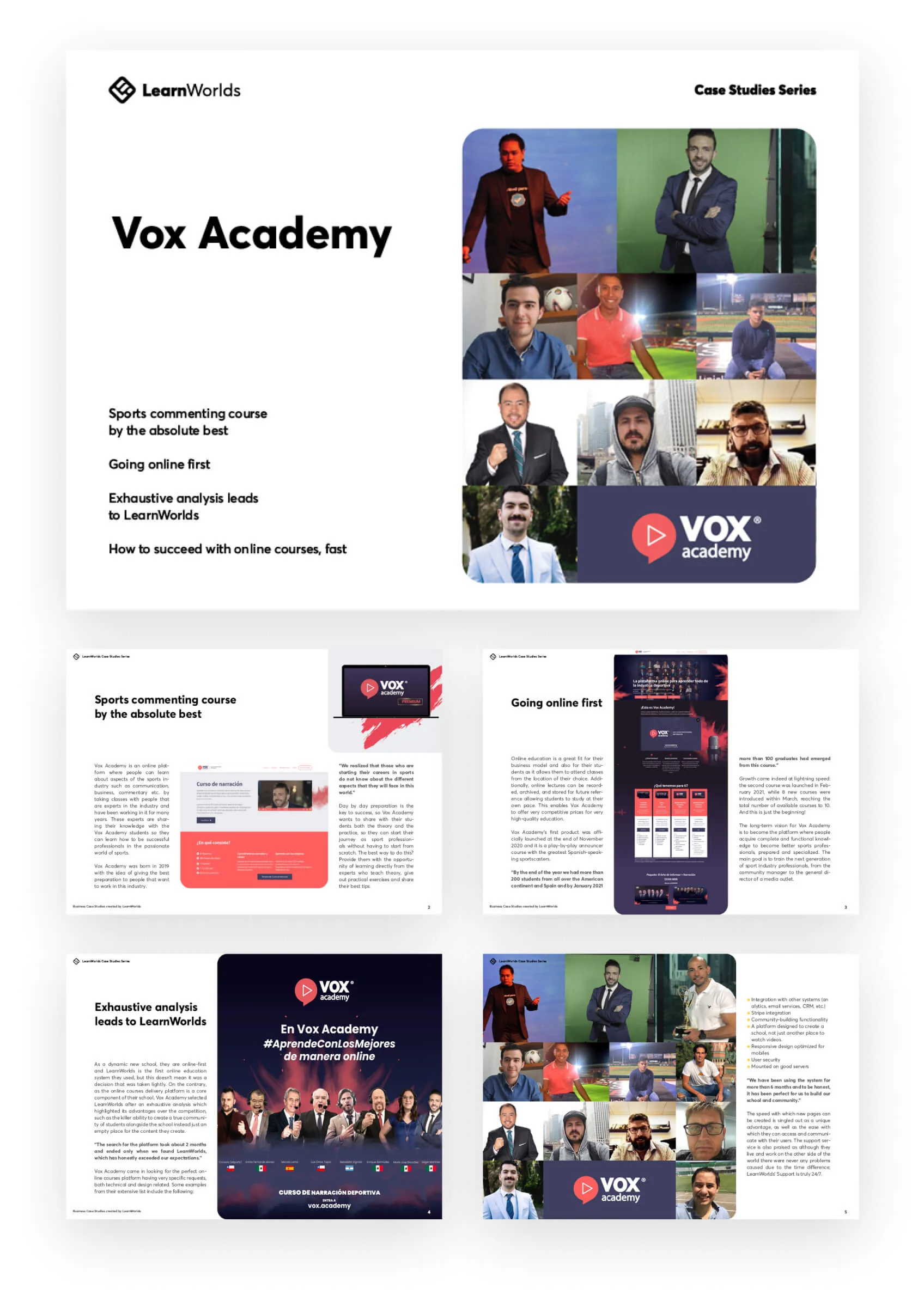 Vox Academy brochure presents course information and instructor photos on a clean white LearnWorlds layout, highlighting online sports-commentary...