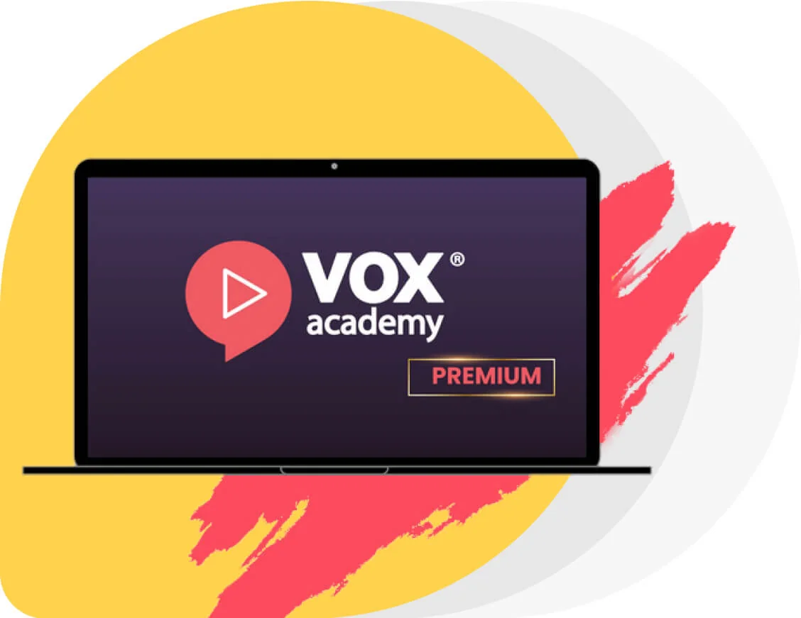 Laptop screen displays a VOX® academy logo and a PREMIUM badge; placed over a large yellow circle with bold red brush strokes on a pale background.