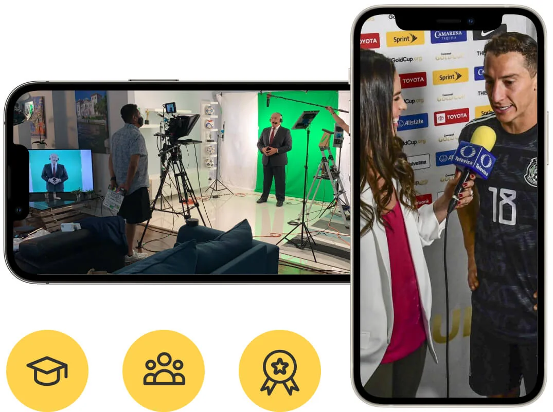 Two smartphone screens show a green‑screen studio where a suited presenter is filmed by a camera crew, and a sideline reporter interviewing a soccer...