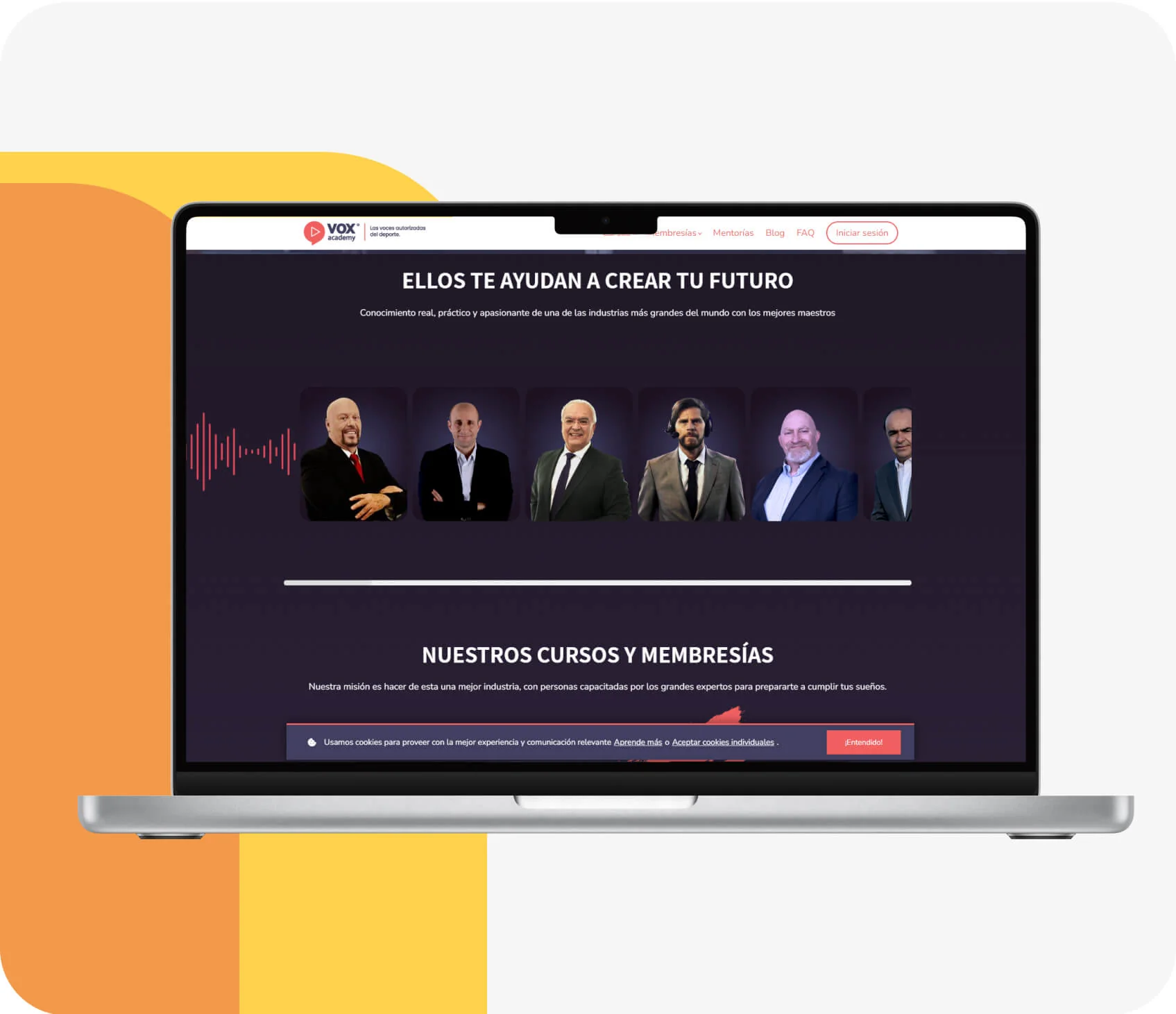 Laptop screen displays a Spanish-language educational site showing six male portraits on a dark banner, with a cookie notice, framed by an...