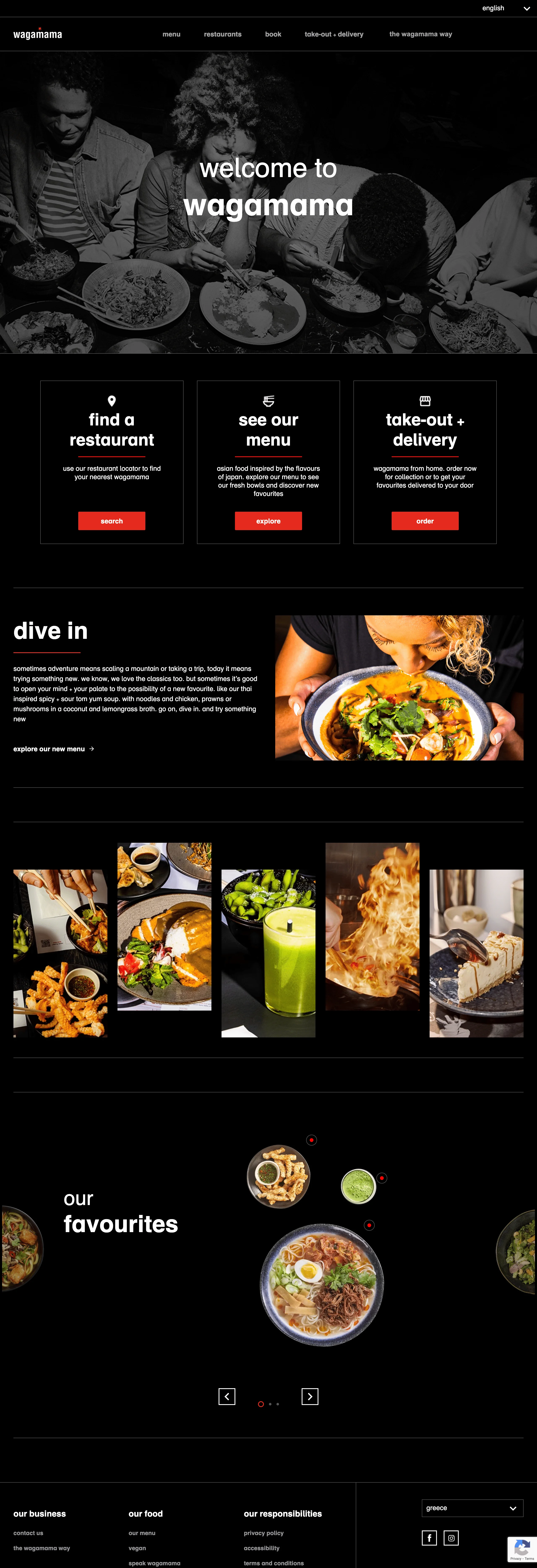 A group of diners share bowls and chopsticks (object), eating and chatting (action), on a dark, branded restaurant webpage for wagamama (context).