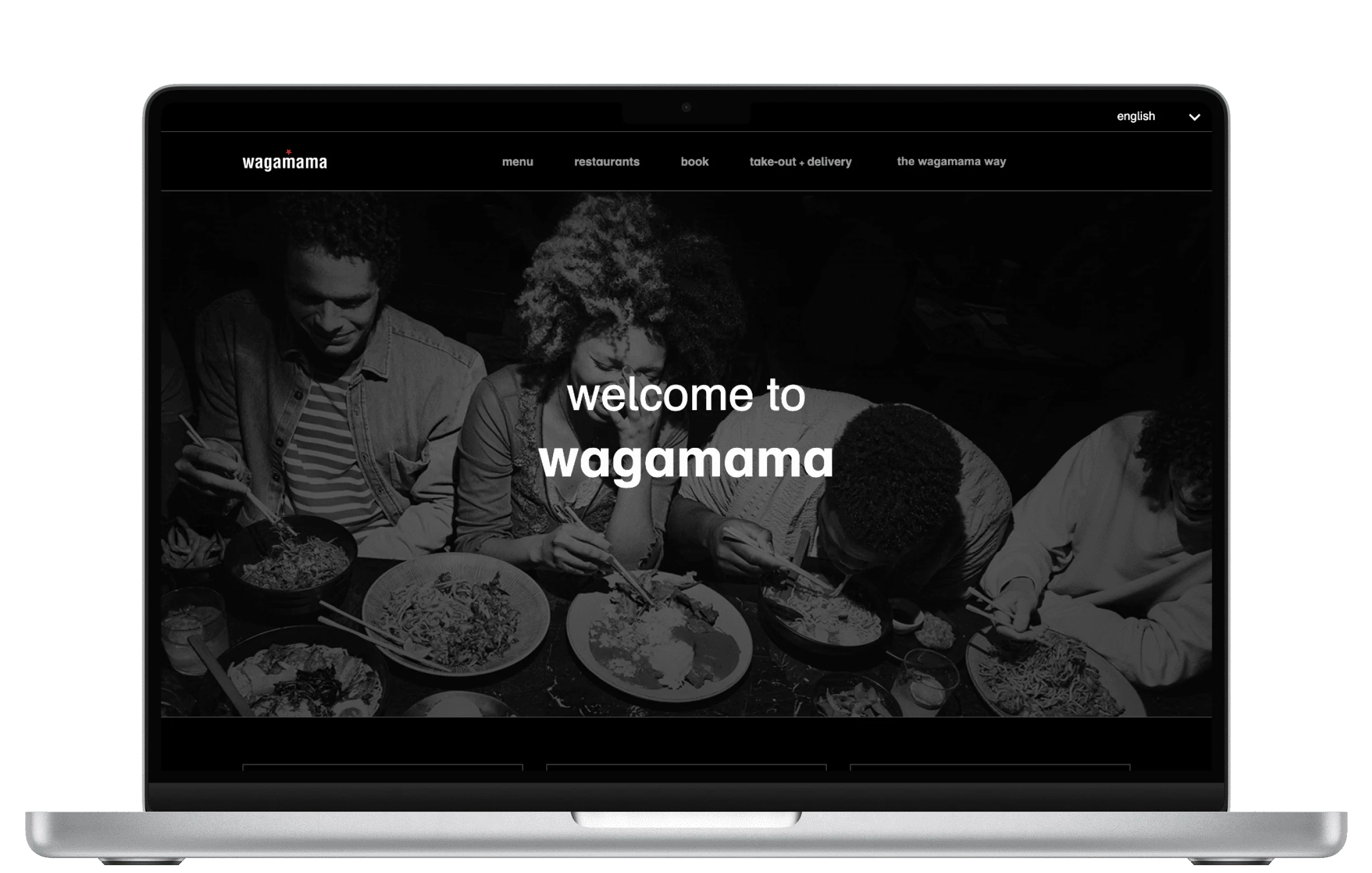 Laptop screen displaying a dark restaurant webpage: three people eating with chopsticks over bowls, centered white text welcoming visitors.