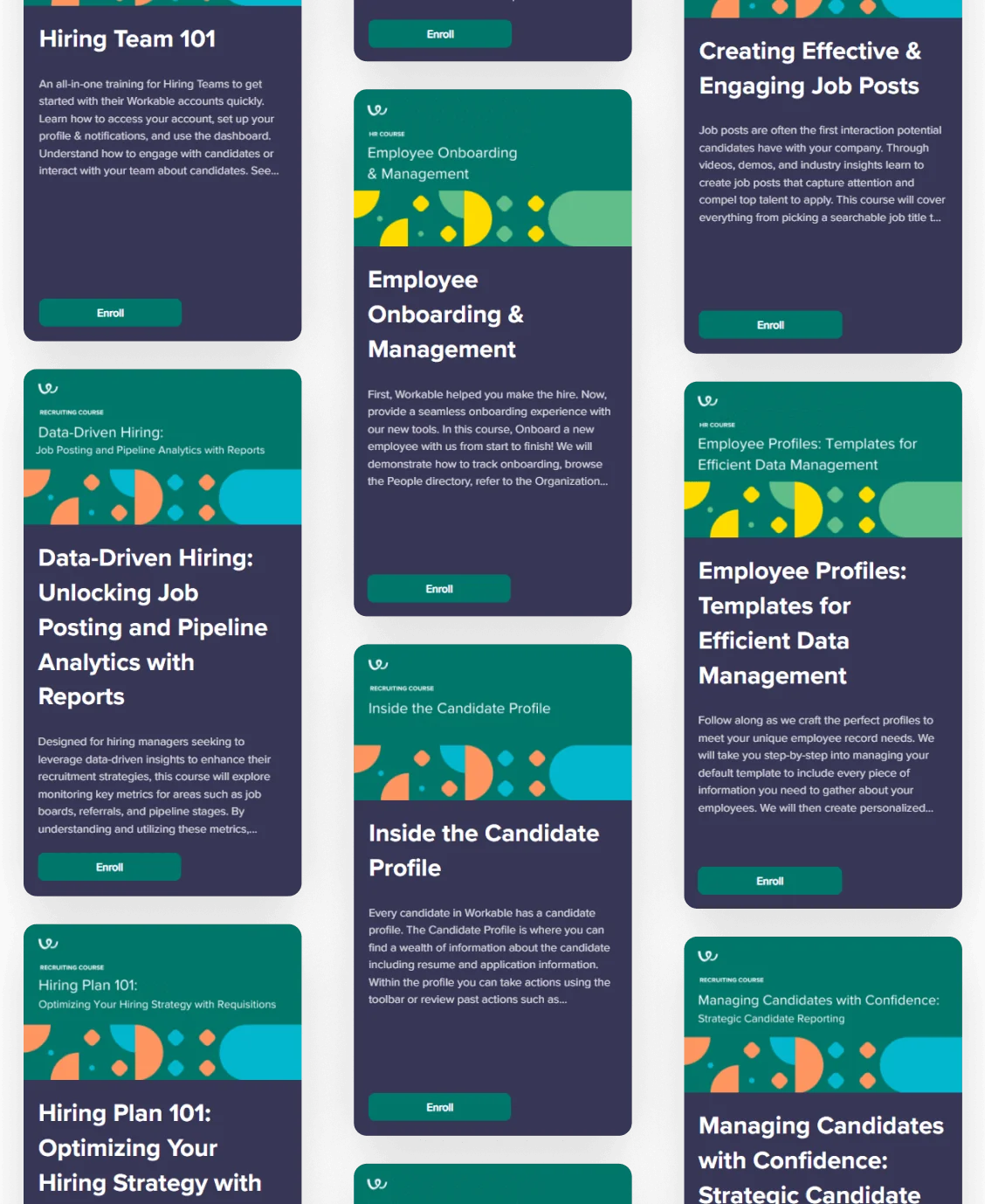 Multiple rectangular course cards show titles, short descriptions and green "Enroll" buttons arranged in vertical columns against a dark textured...