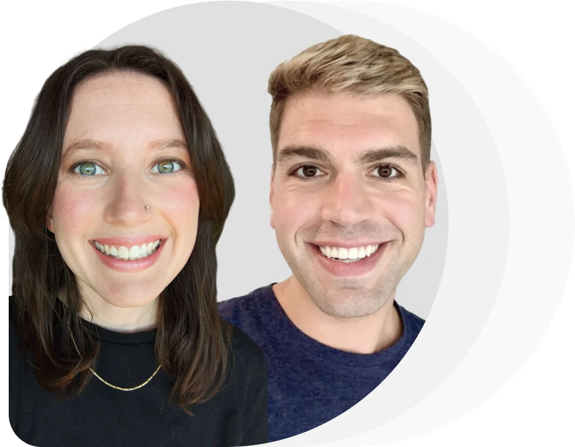 Two smiling faces positioned side-by-side: left person with dark hair and nose stud, right person with short blond hair; both wear casual tops...