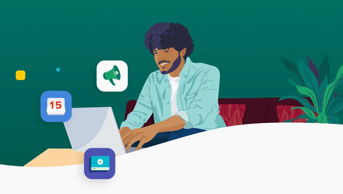 Young man typing on a laptop while sitting on a couch, surrounded by notification icons including a calendar showing "15", a megaphone, and a video...