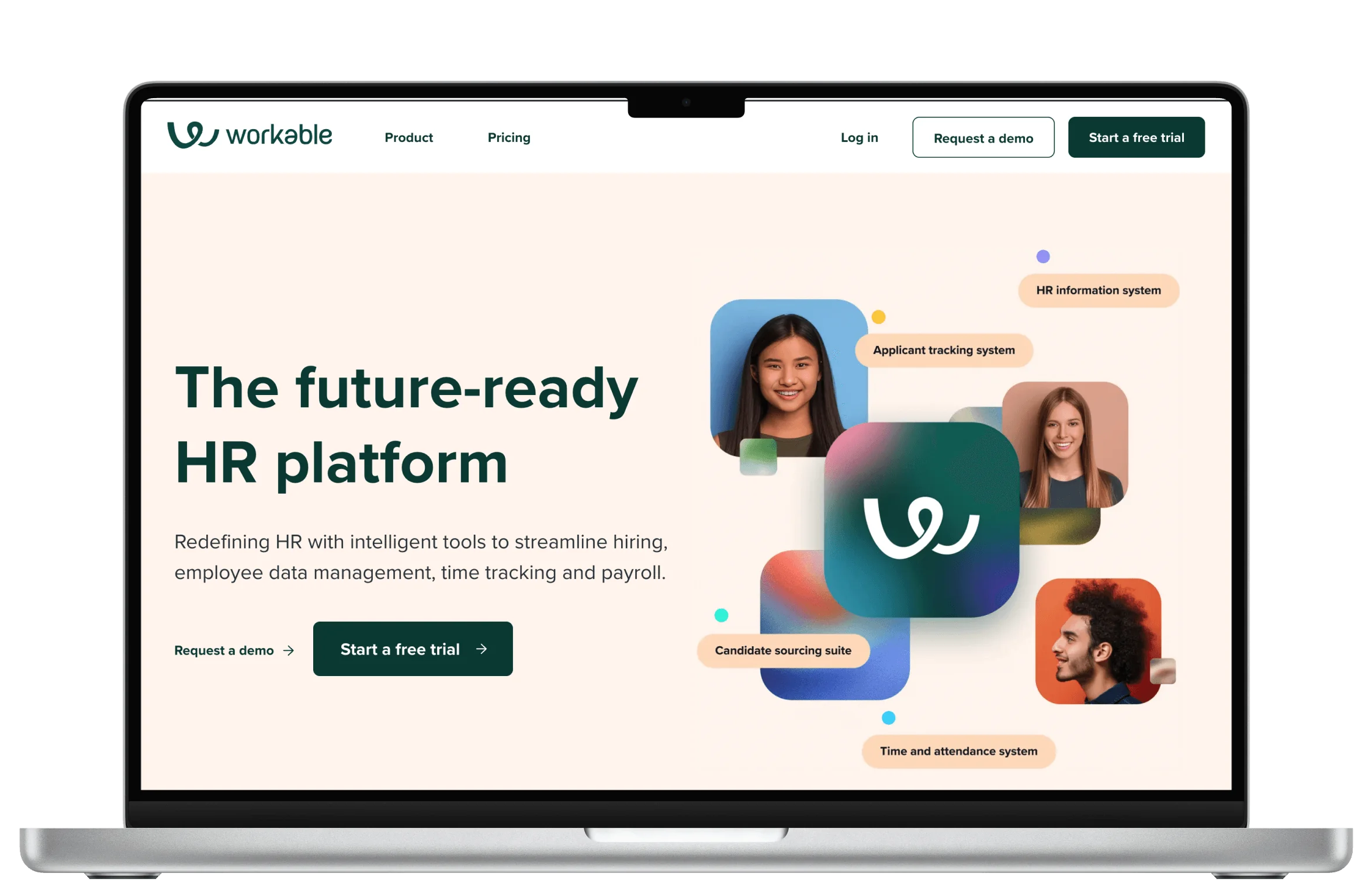 Laptop screen displays a HR software landing page with a large headline, call-to-action buttons, profile photos, and labeled feature tags on a pale...