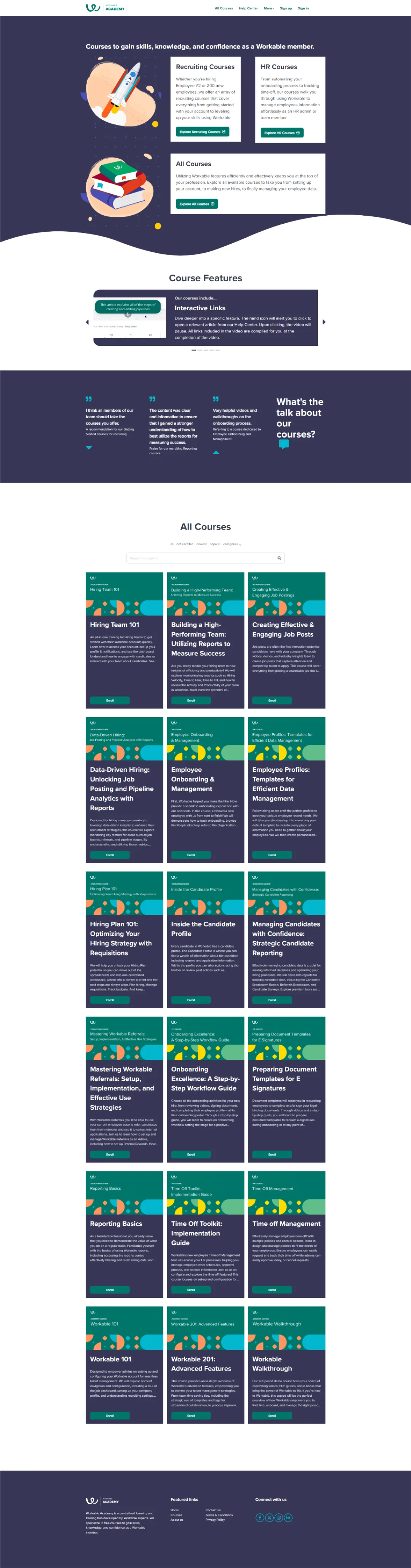 A webpage presents a learning catalog: course cards and descriptions arranged in a scrollable grid on a dark purple, branded Workable Academy page.
