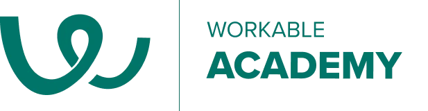 Teal ribbon-like "W" logo sits to the left of a thin vertical divider; to the right, teal text reads "WORKABLE" above bold "ACADEMY" on a white...