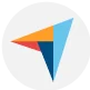 Multicolored triangular compass logo—orange, red, blue, and teal segments—points northeast, centered on a light gray circular background.