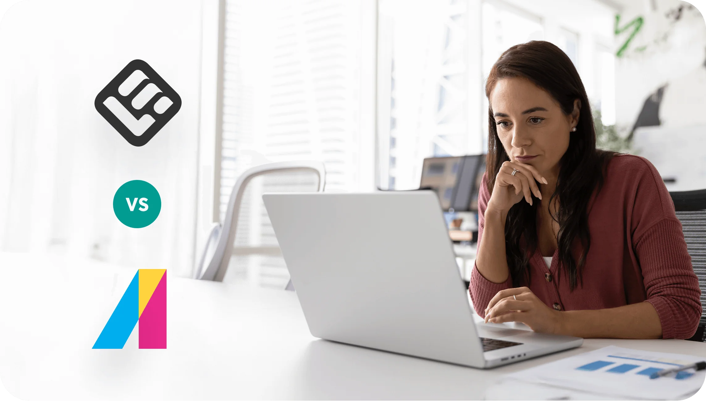 A seated woman studies a laptop screen, hand on chin, in a bright modern office; left margin shows three logos and the text "VS" inside a green...