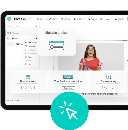 Tablet survey-builder screen: interface elements and a smiling woman in a preview, three survey cards prompting actions, and a dropdown menu of...