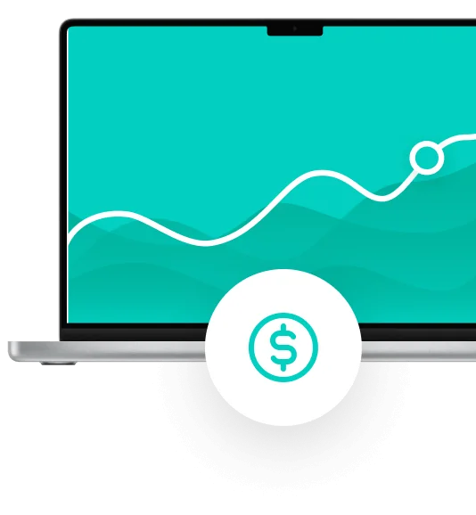 Laptop displays teal wave background with an ascending white line graph; a circular dollar icon overlays the laptop's base, suggesting financial...
